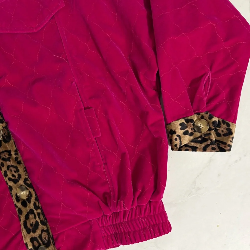 Umgee Size Small Velvet‎ Quilted Pink Button Jacket Leopard Trim Dolman Sleeves